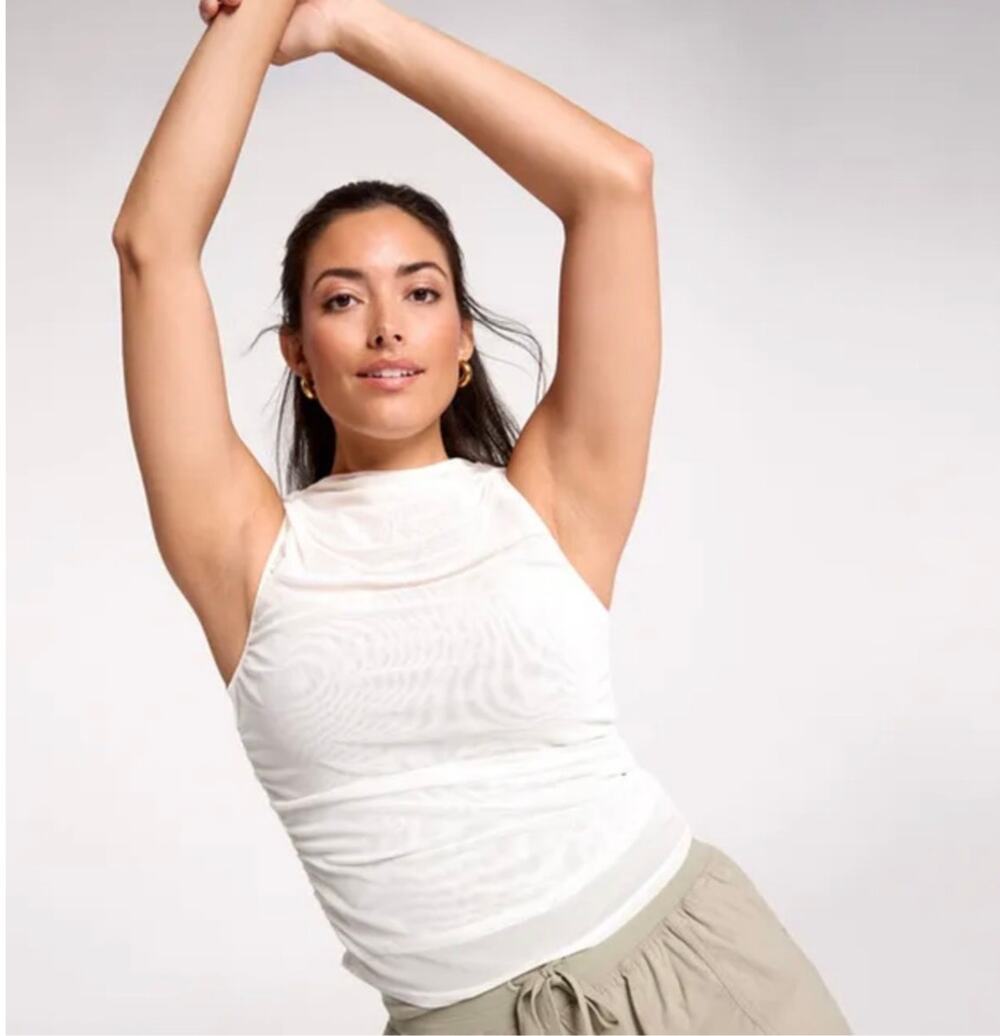 CALIA Women’s Small Ruched Mock Tank Cloud Cover White Mesh NWT WAX15122